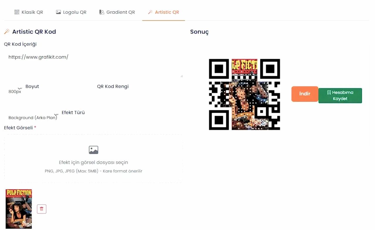 Artistic QR oluşturma ekranı