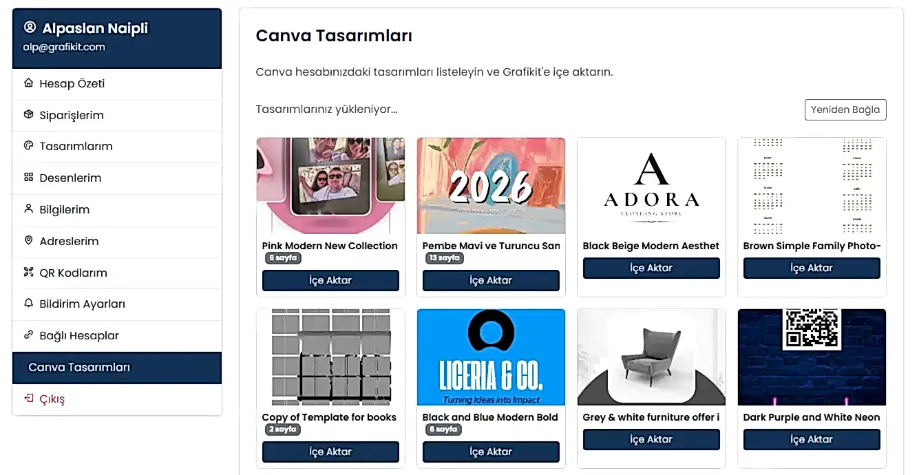 Canva tasarımlarını içe aktarma ekranı