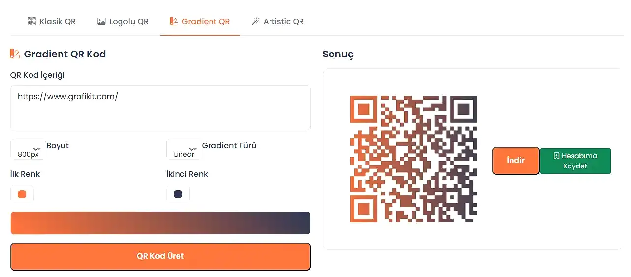 Gradient renkli QR oluşturma ekranı