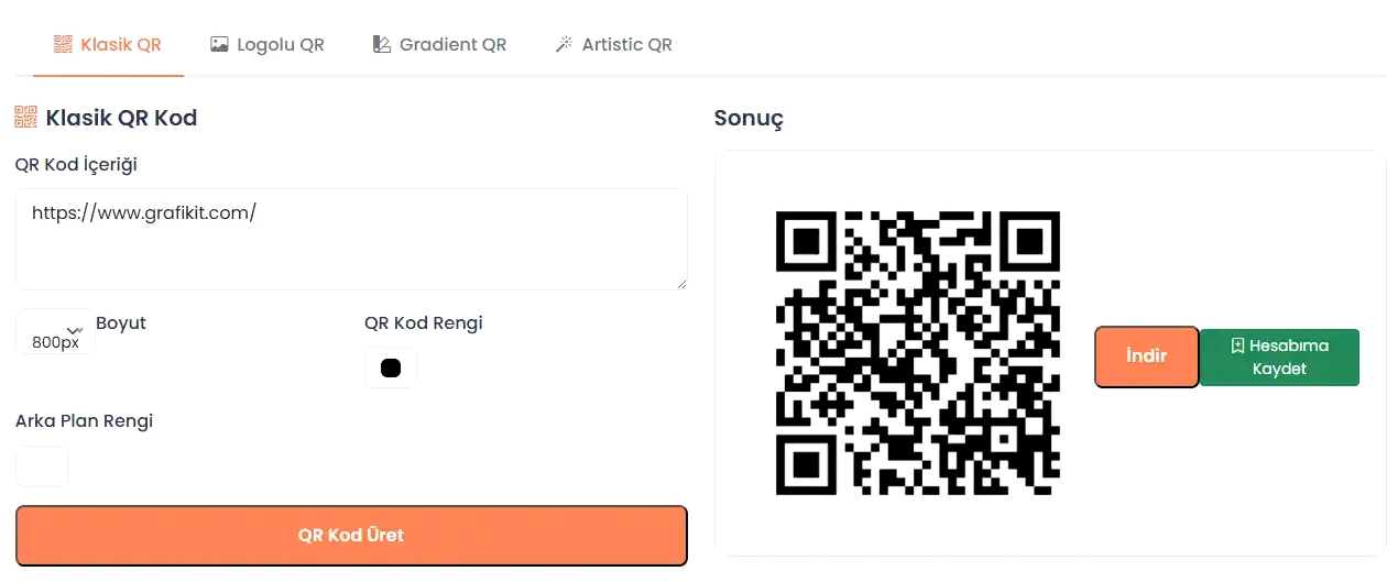 Klasik QR oluşturma ekranı