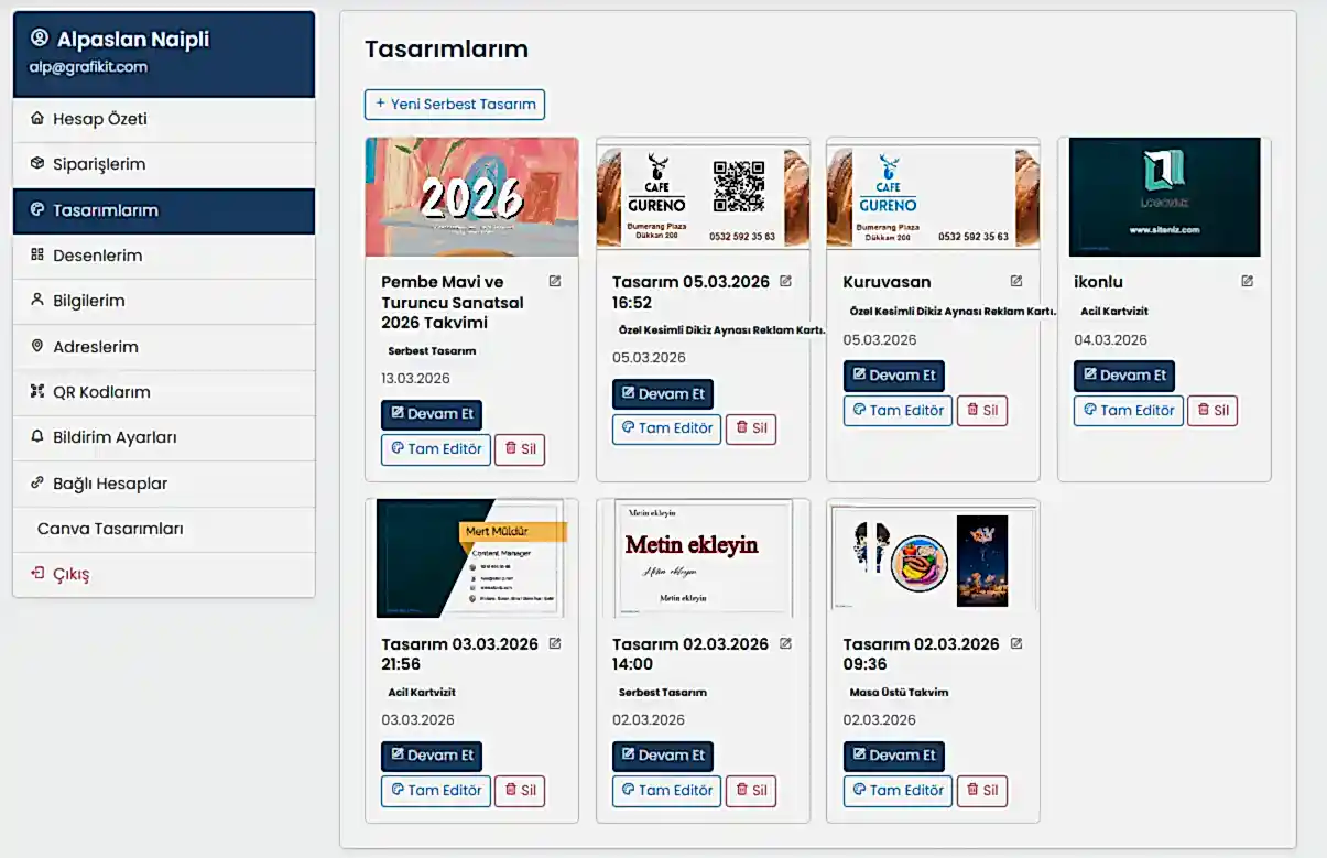 Tasarımlarım ekranı